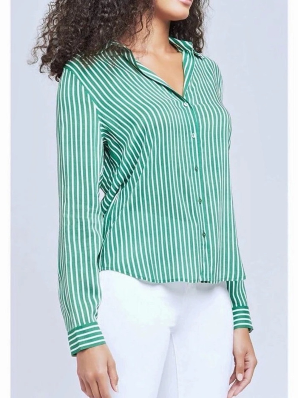 L'AGENCE Holly Button Down Blouse Striped Button Down Blouse in Green & White XL